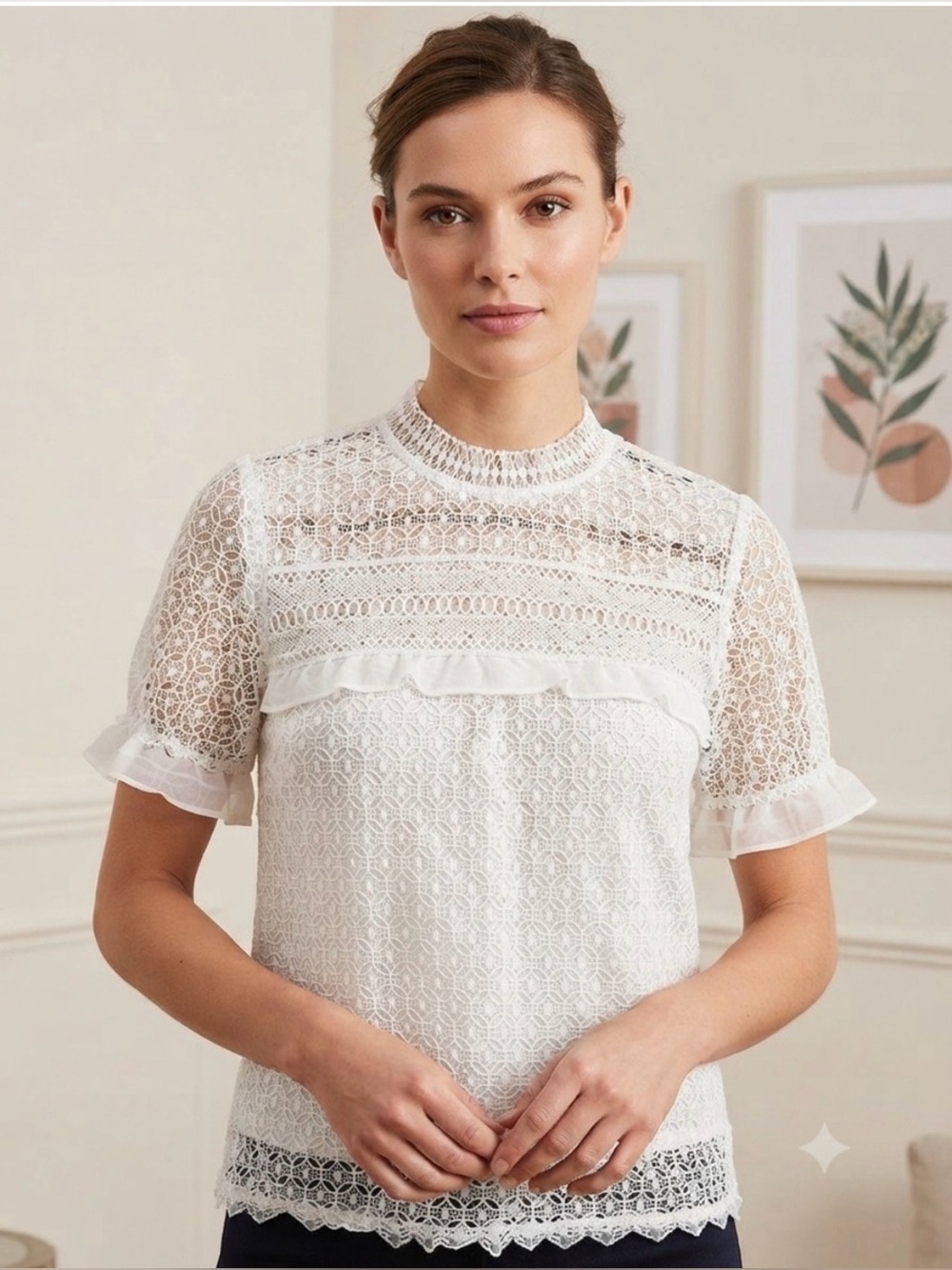 NWOT Zara Embroidered Lace Short Sleeve Top